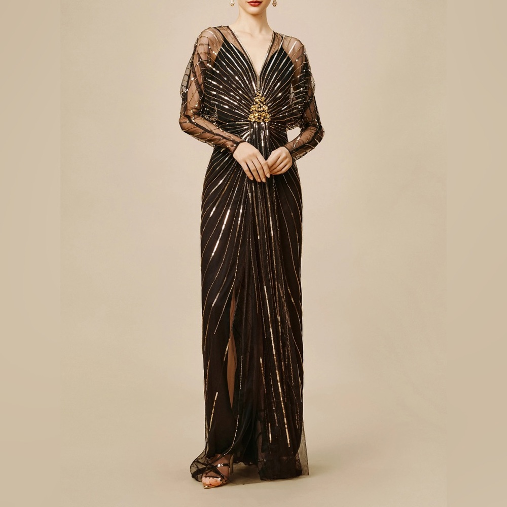 Elegant Black and Gold Embellished Evening Gown